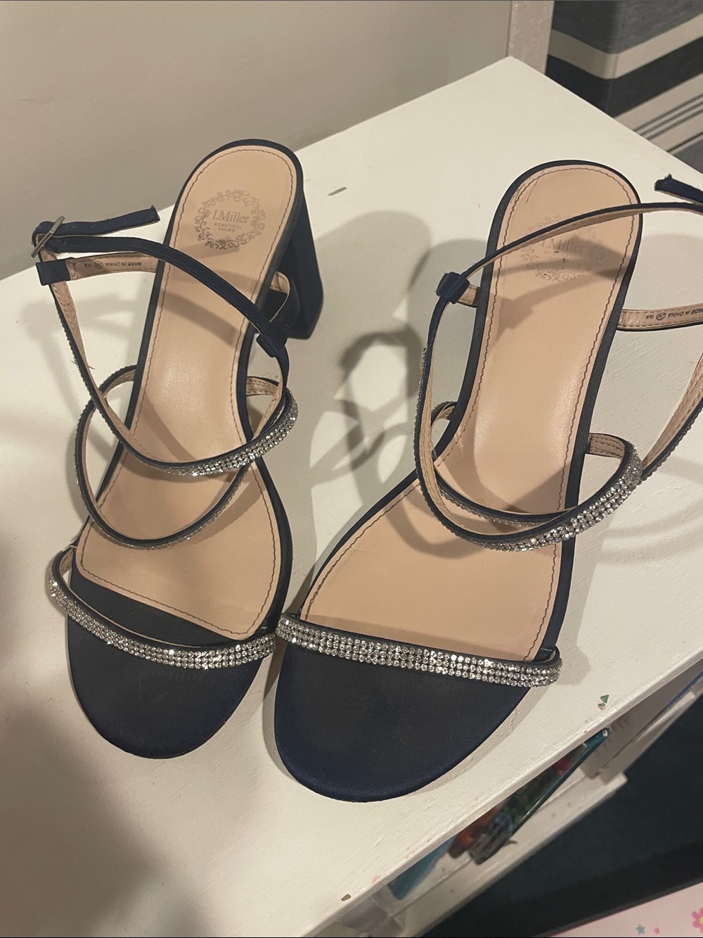 Dark Navy Rhinestone-Strap Block Heel Sandals